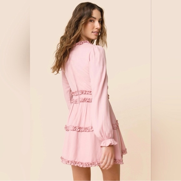 Francesca’s mi Ami Blush Pink Ruffle V-Neck Long Sleeve Mini Dress - Picture 3 of 9